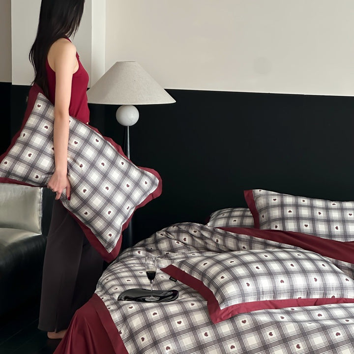 Plaid Brushed Cotton Duvet Cover Set with Contrast Border & Envelope Shams
