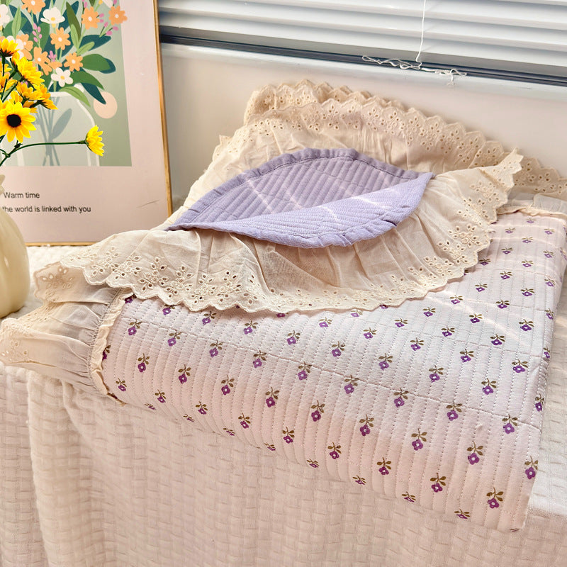 Quilted Floral Reversible Throw Blanket with Eyelet Lace Ruffle