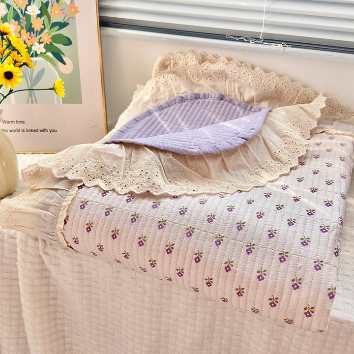 Quilted Floral Reversible Throw Blanket with Eyelet Lace Ruffle