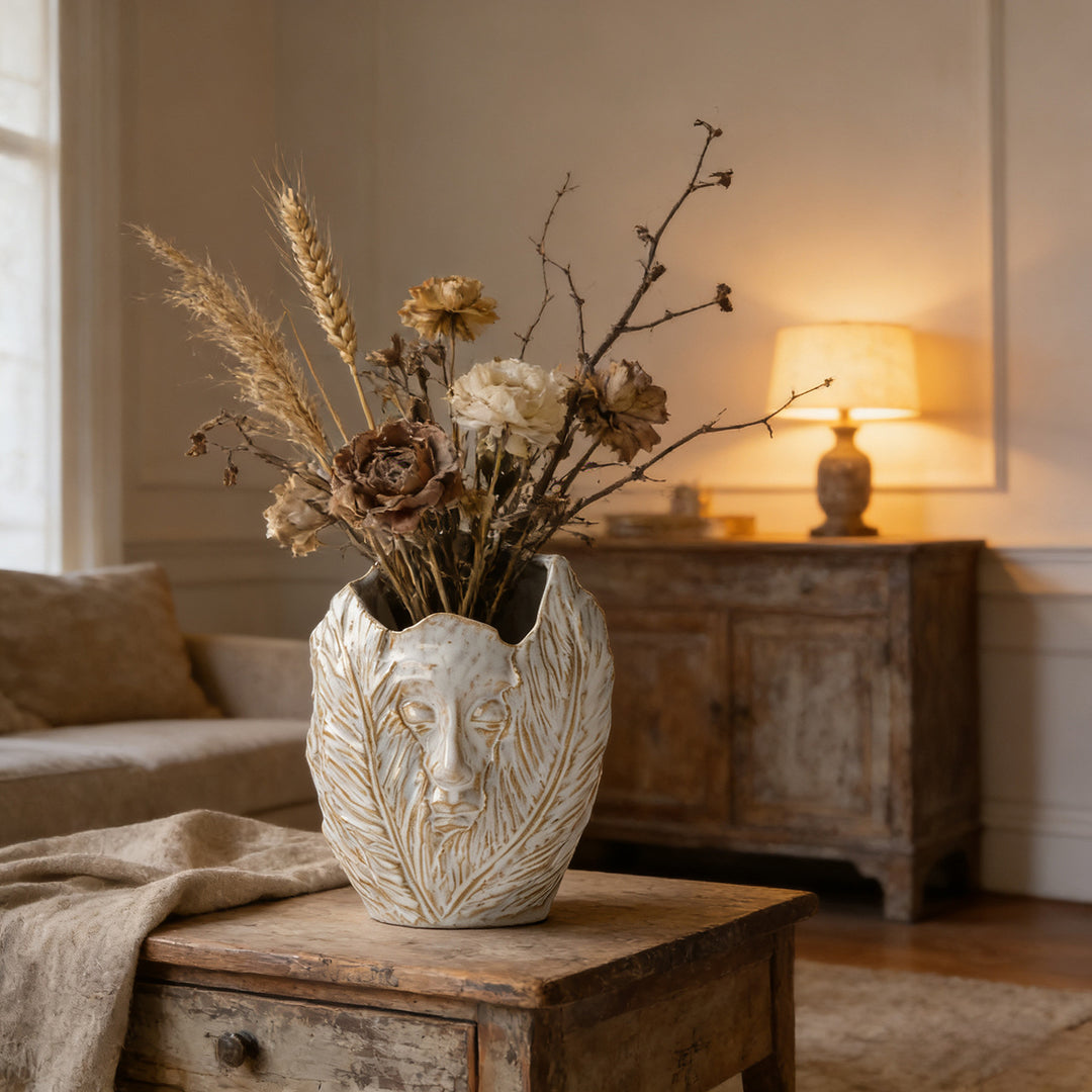Sculptural Ceramic Face & Leaf Texture Tabletop Vase