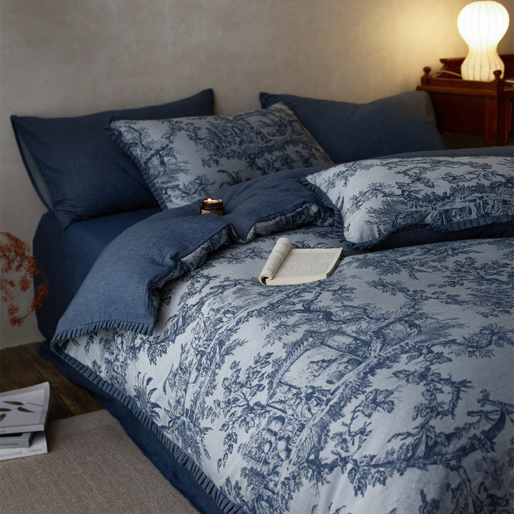 Reversible Toile-Print Linen-Blend Duvet Cover Set with Textured Reverse