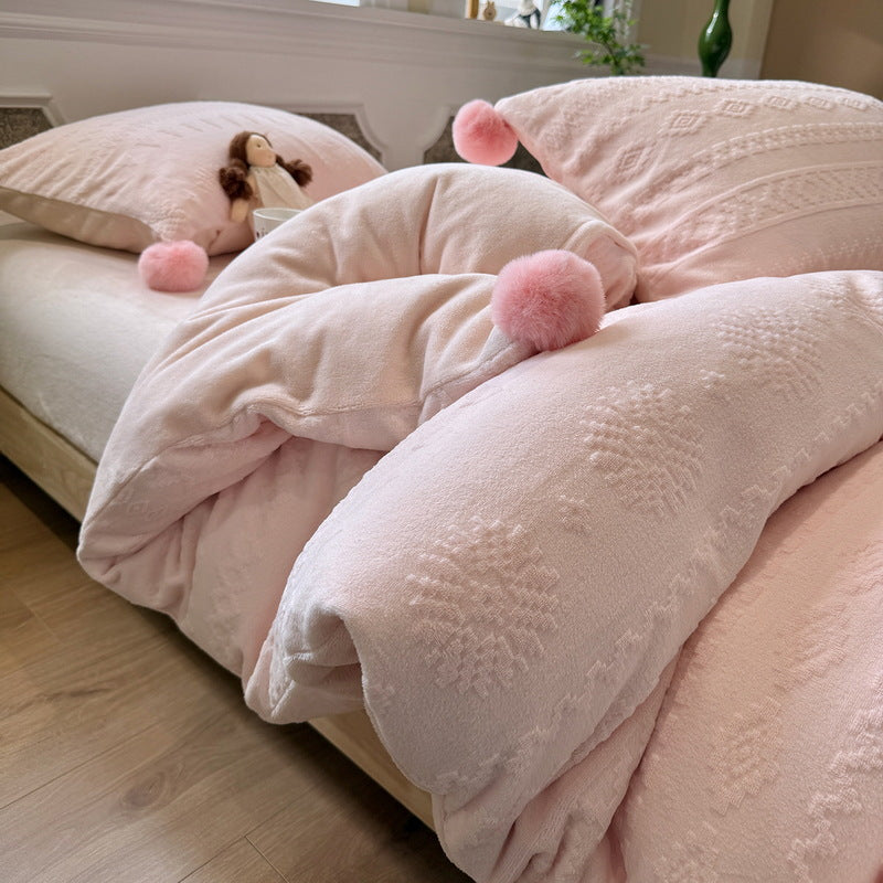Plush Pom-Pom Microplush Comforter Set with Jacquard Snowflake Texture