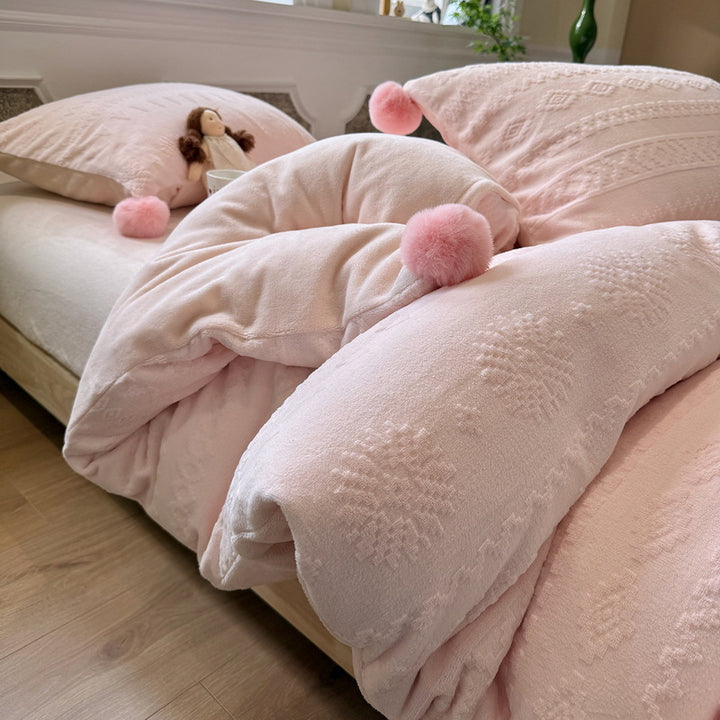 Plush Pom-Pom Microplush Comforter Set with Jacquard Snowflake Texture