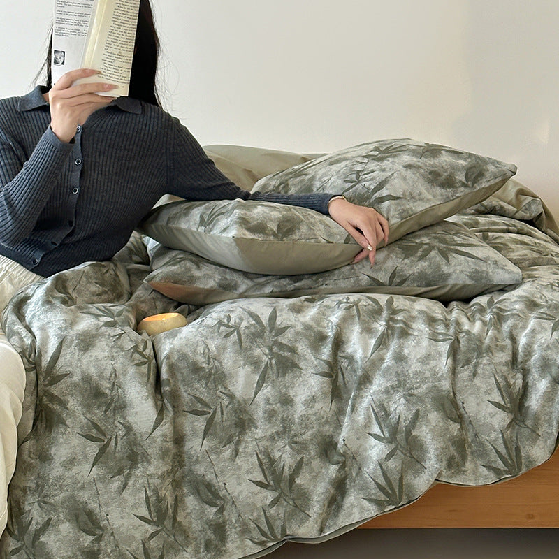 Cotton velvet duvet cover set with subtle leaf texture and reversible function