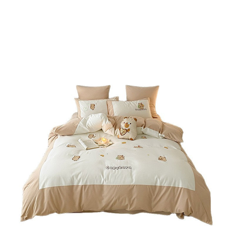 Embroidered Capybara Cotton-Sateen Duvet Cover Set with Pillow Shams and Plush Cushion