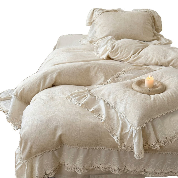 Linen-Feel Leaf-Print Duvet Cover Set with Embroidered Lace Flounce & Deep-Pocket Bedskirt