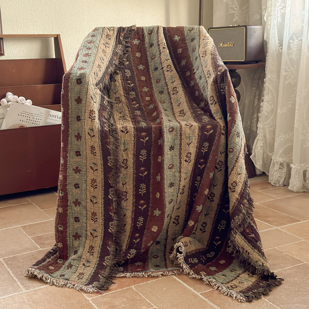 Woven Jacquard Patchwork Throw Blanket with Fringed Edges
