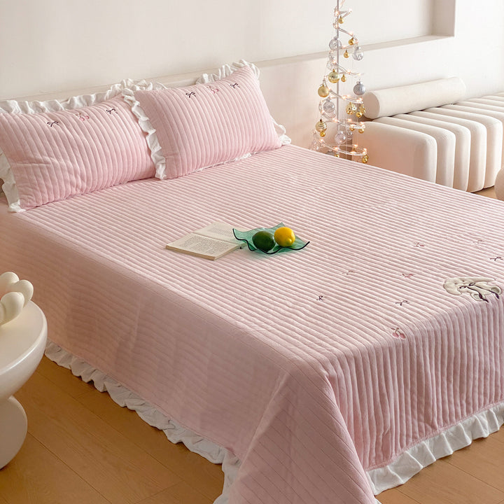 Quilted Ruffled Bedspread Set with Embroidered Bow Motifs and Ruffled Pillow Shams