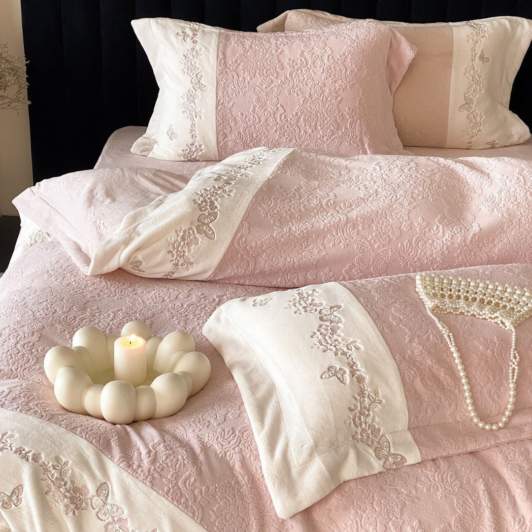 Embroidered Quilted Cotton-Sateen Duvet Cover Set with Floral & Butterfly Motif