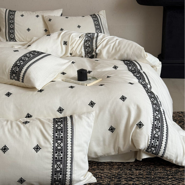 Hand-Embroidered Bohemian Cotton-Linen Duvet Cover Set with Decorative Border and Envelope Shams