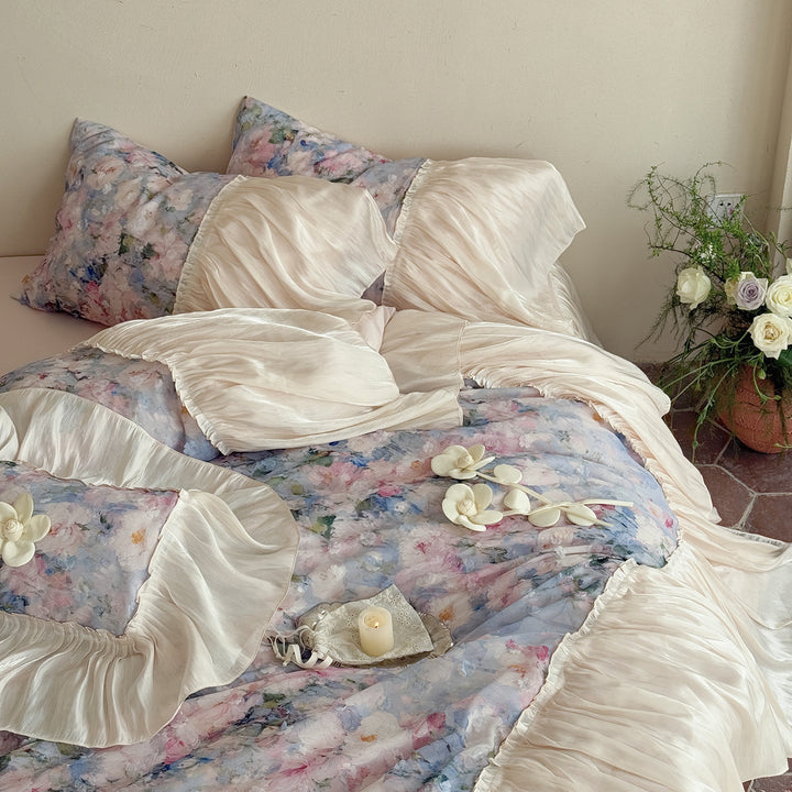 Romantic bed linen set made of cotton satin with ruffled frill and floral jacquard