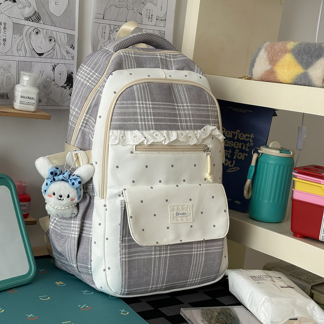 Plaid Patterned School Backpack with Cute Bunny Keychain Stornfield
