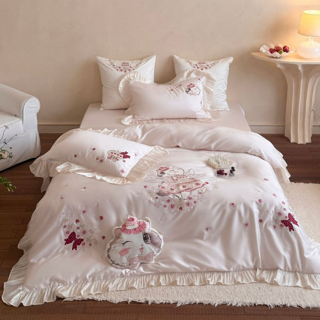 Floral Fairy Embroidered Ruffled Duvet Cover Set with Plush Decorative Pillow