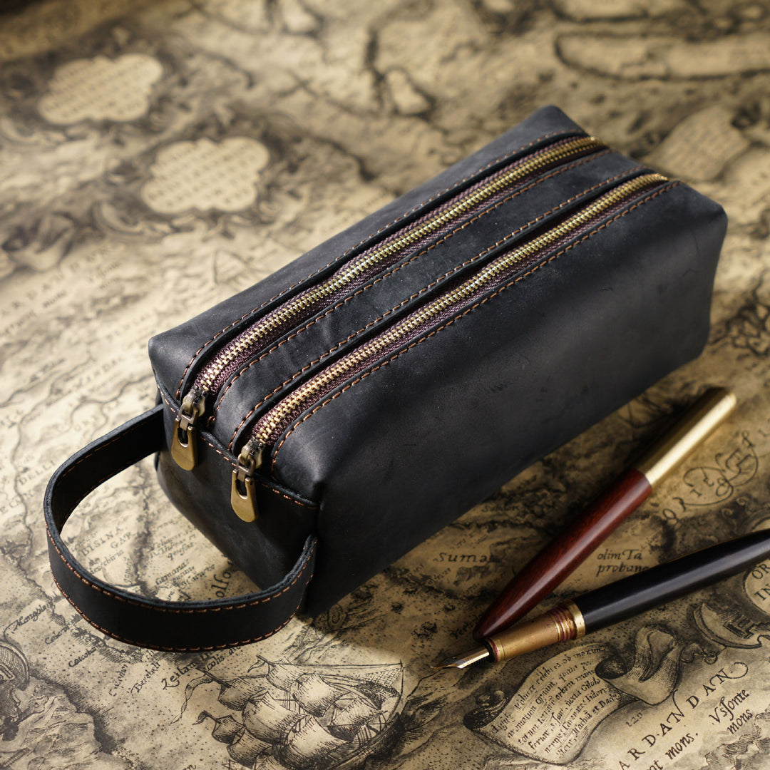 Dual-Zipper Leather Pencil Case