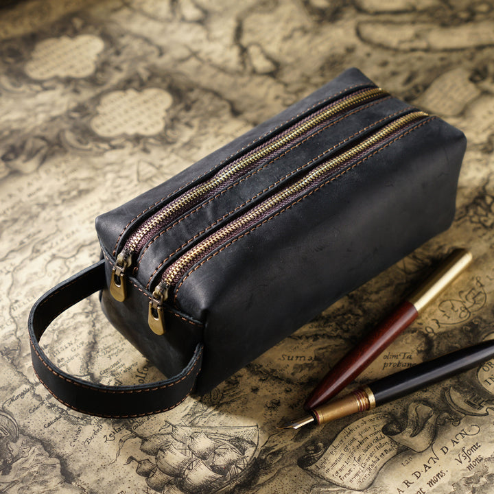 Dual-Zipper Leather Pencil Case