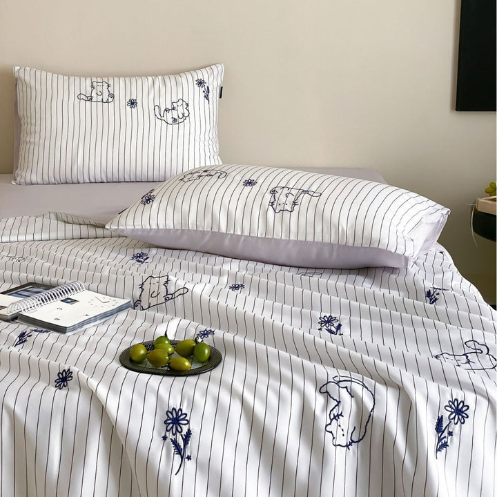 Cotton satin bed sheet and pillowcase set with fine pinstripe and subtle embroidery