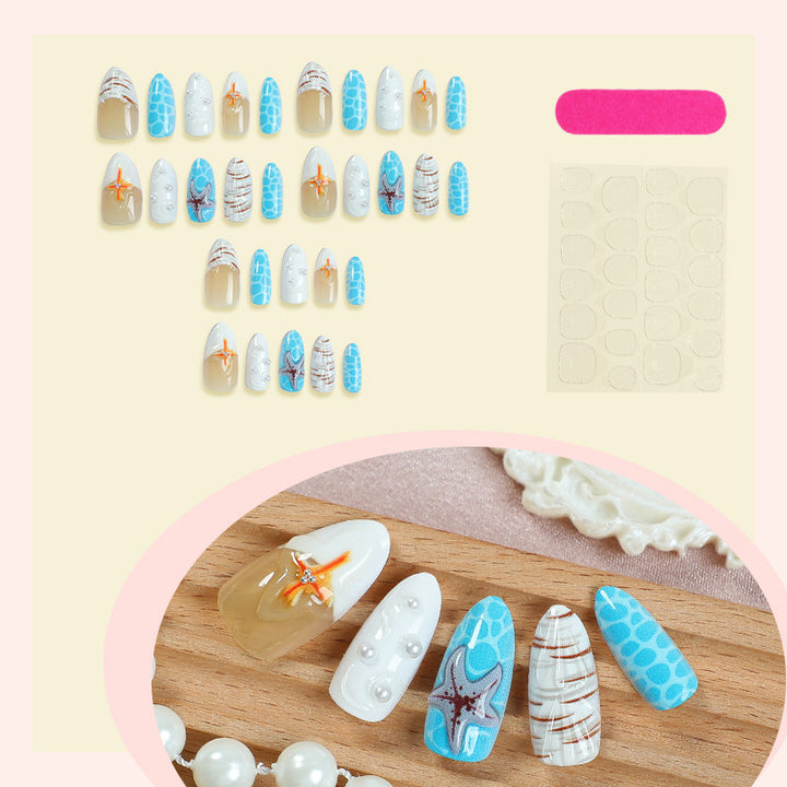 Beach-Inspired Press-On Nail Set with Ocean and Starfish Designs Stornfield