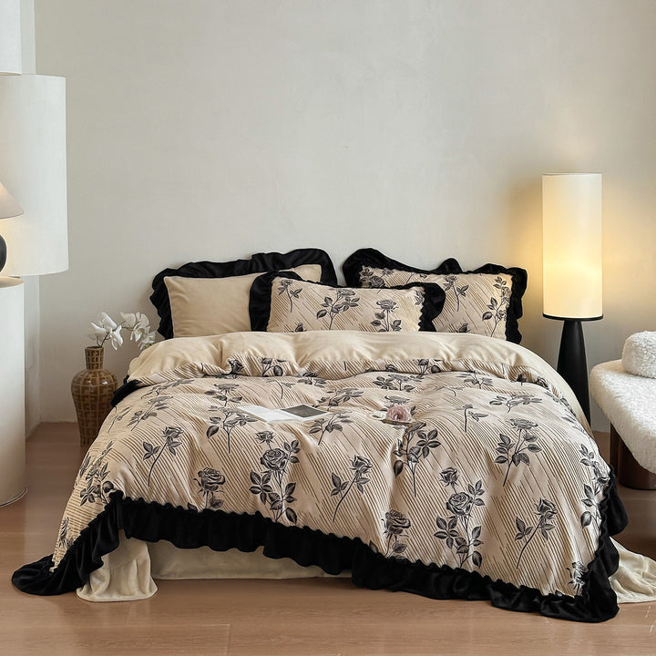 Floral Embroidered Ruffled Velvet-Trim Duvet Cover Set