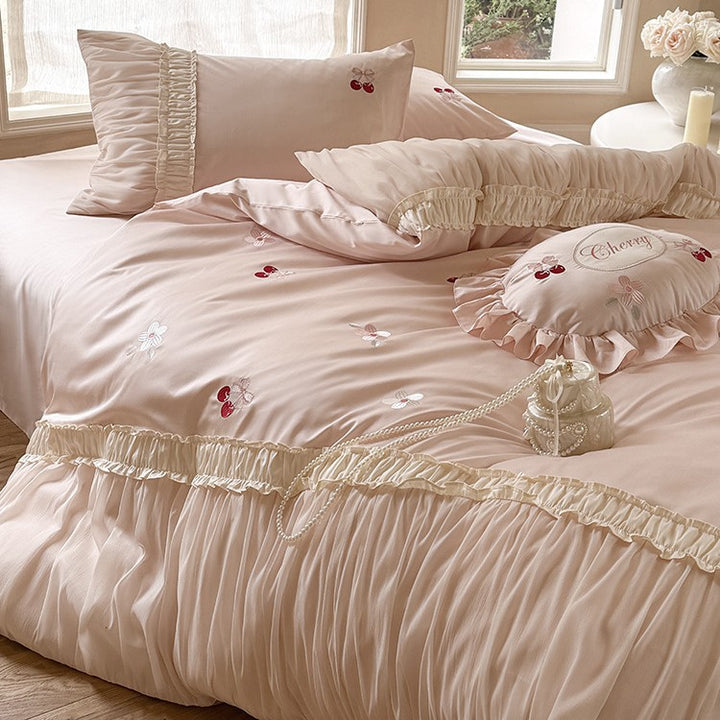 Luxurious satin bedding set with gathered ruffle, cherry embroidery and decorative pillow