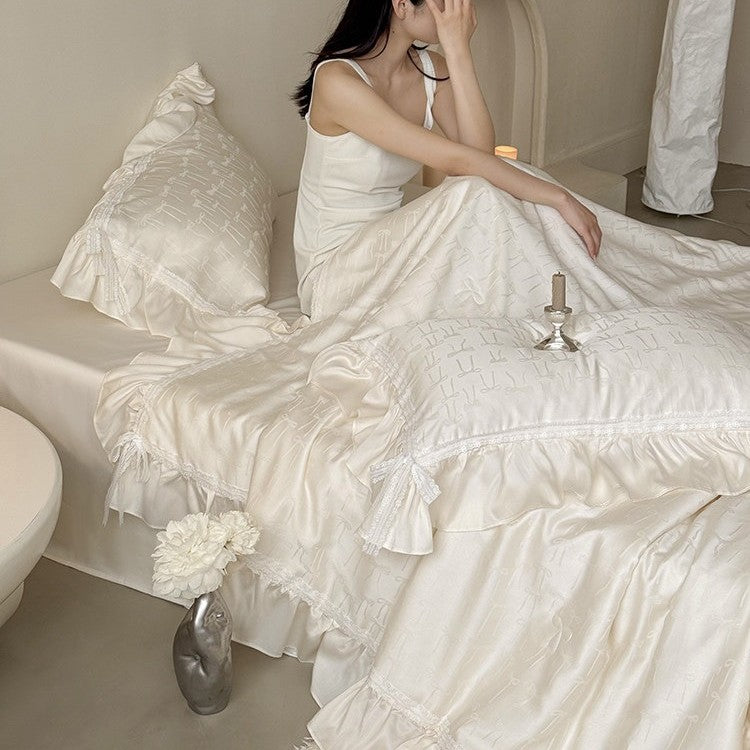 Satin bedding set with jacquard bow relief, gathered ruffle and lace trim