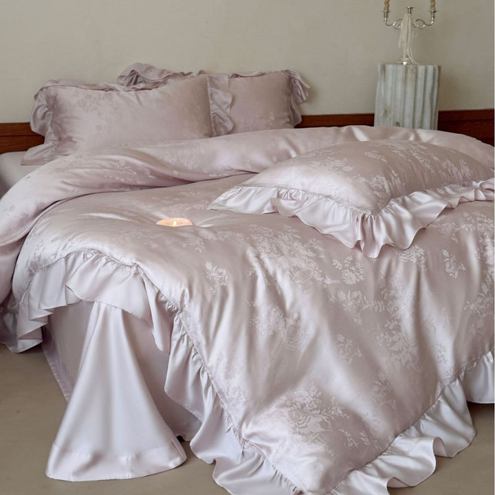Luxury Satin Ruffled Duvet Cover Set with Jacquard Floral Weave