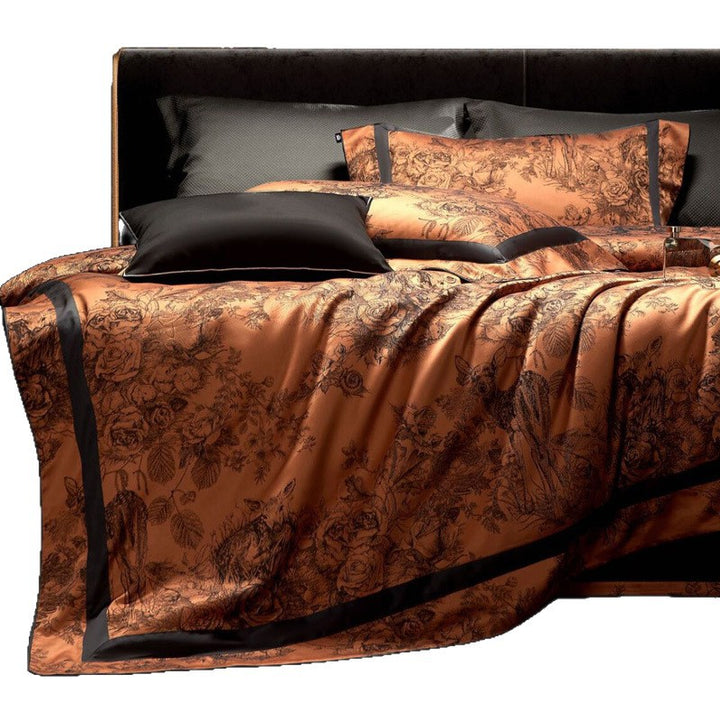 Silk-Feel Botanical Toile Satin Duvet Cover Ensemble with Matte Border and Envelope Shams