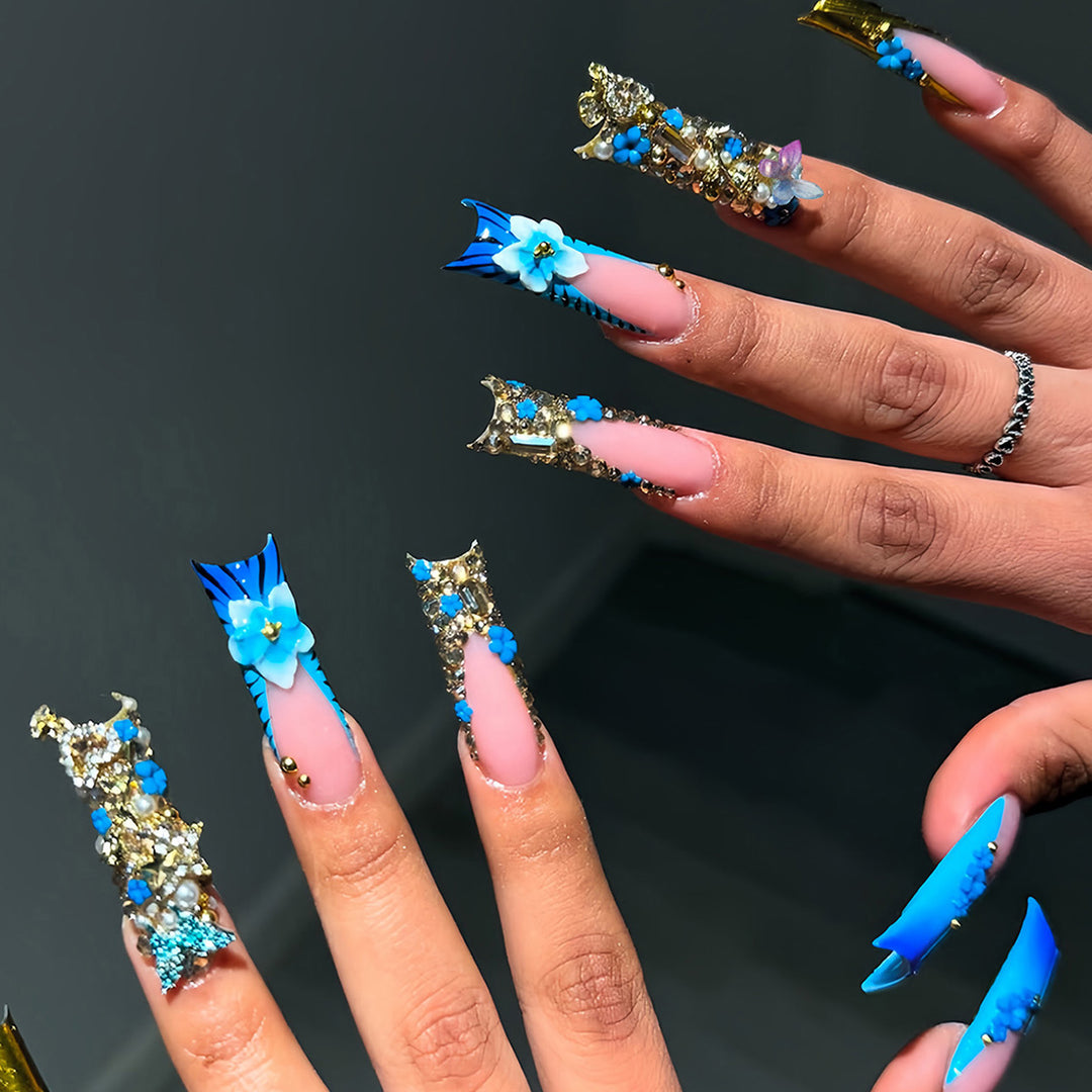 Artistic 3D Decorative Press-On Nails with Gemstone Accents Stornfield