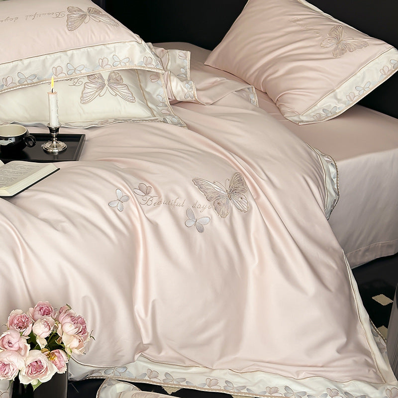 Satin-Feel Embroidered Butterfly Duvet Cover Bedding Set