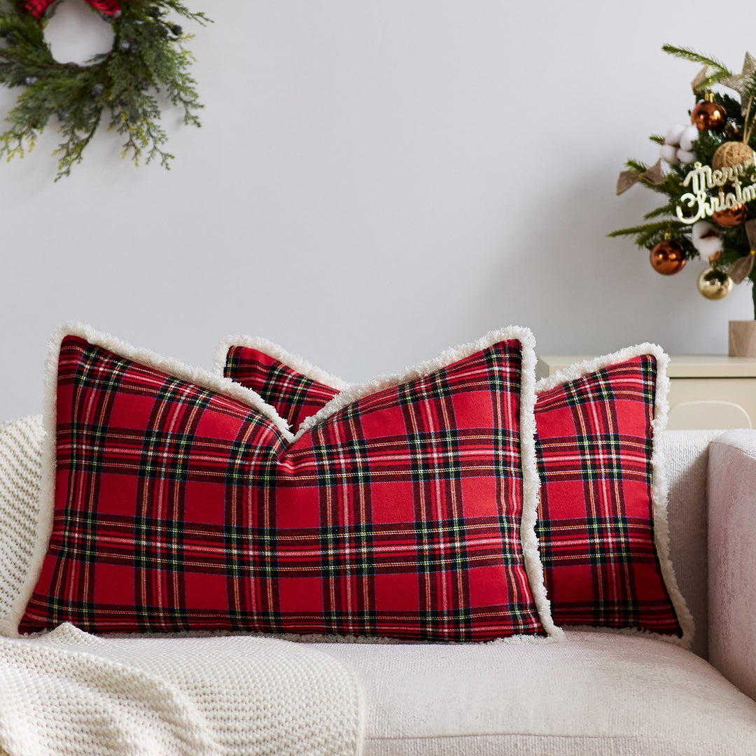 Plaid Sherpa-Trim Square Decorative Throw Pillow Cover