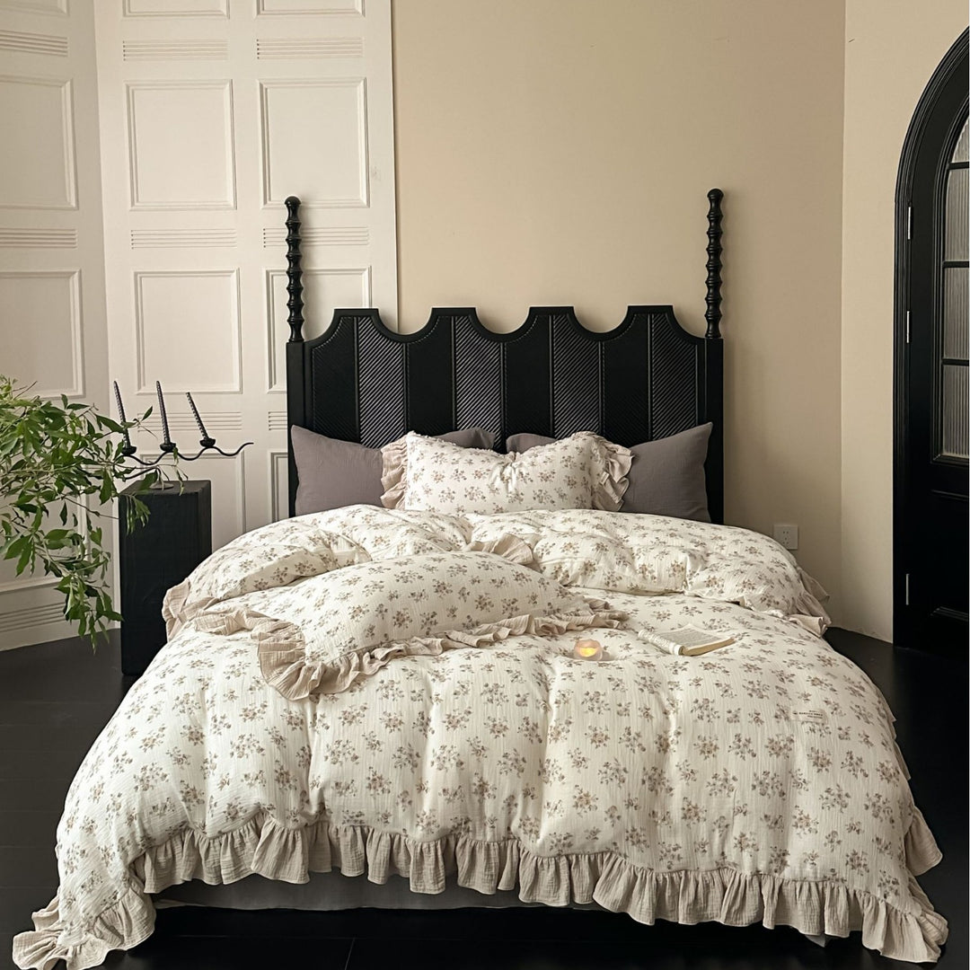 Crinkled Cotton Ruffled Duvet Cover Set with Floral Textured Finish & Frilled Shams