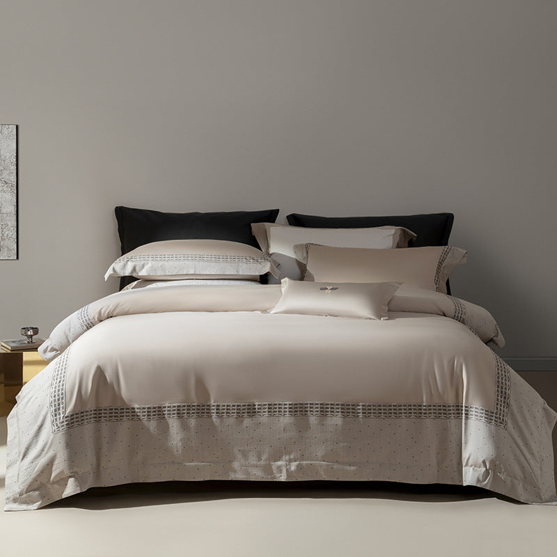 Hotel-Grade Sateen Duvet Cover Ensemble with Micro-Embroidered Lattice Border and Euro Shams
