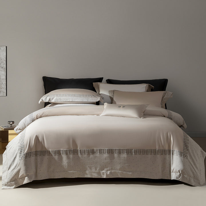 Hotel-Grade Sateen Duvet Cover Ensemble with Micro-Embroidered Lattice Border and Euro Shams