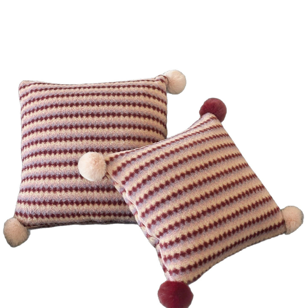 Plush Striped Faux-Fur Throw Blanket with Pom-Pom Trim and Matching Decorative Cushion Set