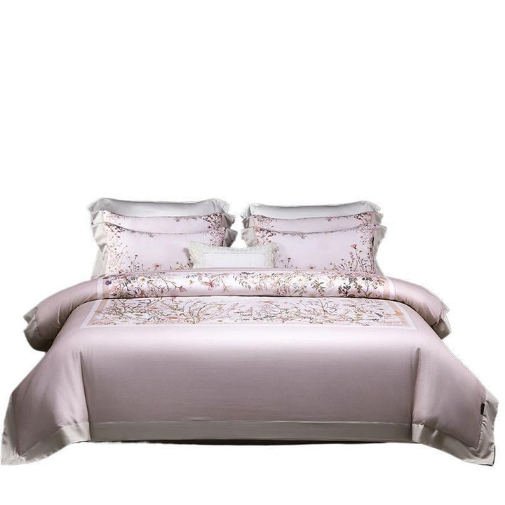 Luxe Satin-Feel Floral Center-Panel Duvet Cover Set with Rolled Bolster & Euro Shams