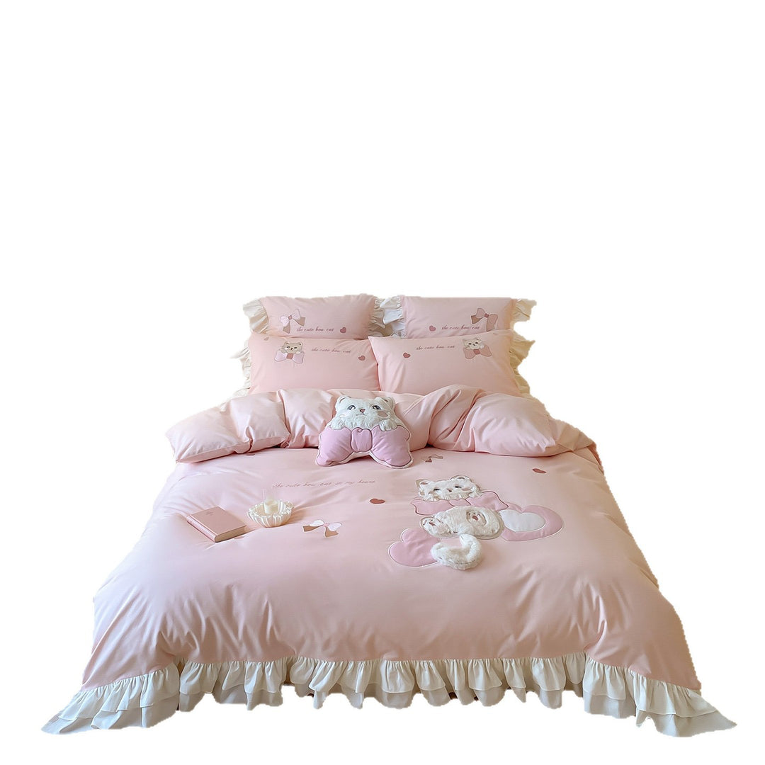 Ruffled Cotton Sateen Duvet Cover Set with Plush Cat Appliqué