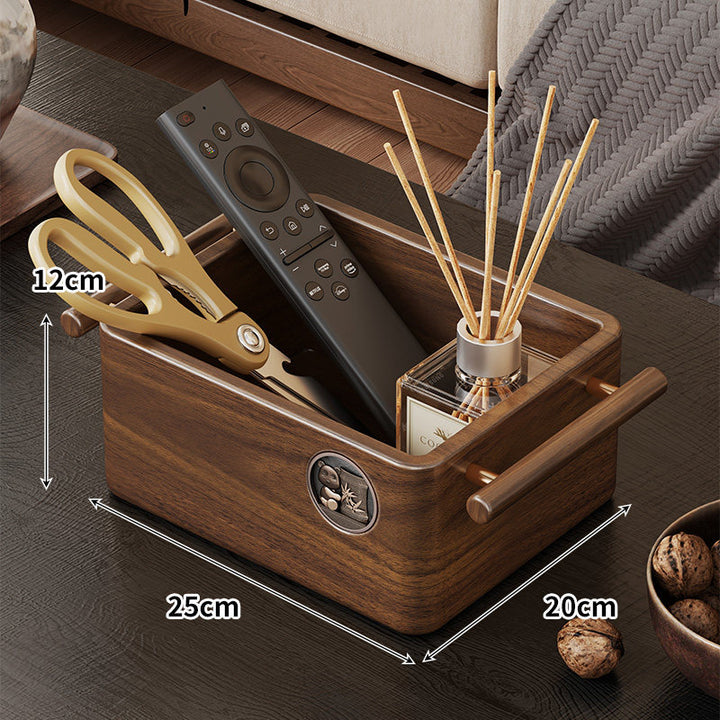 Wooden Rectangular Desktop Storage Organizer Box with Built-In Side Handles