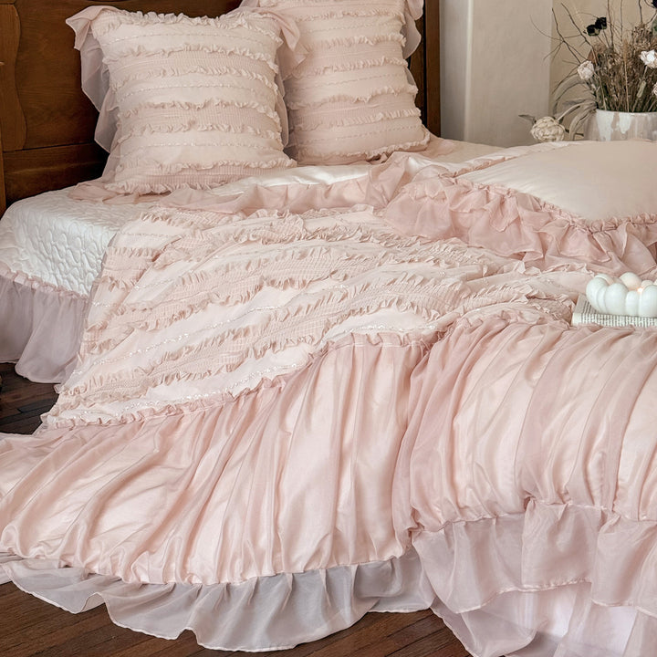 Romantic Layered Ruffle Cotton Duvet Cover Set with Pintuck Texture