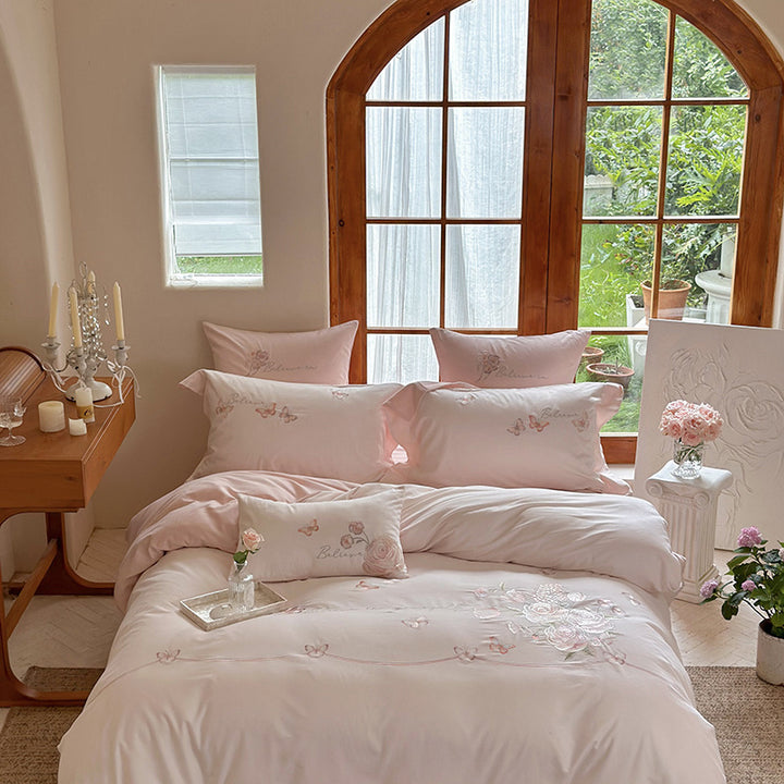 Embroidered Floral Satin Duvet Cover Set with Decorative Bow and Matching Pillow Shams