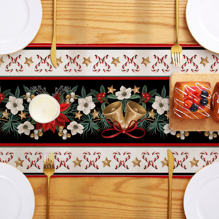 Holiday Buffalo-Check Cotton-Linen Decorative Table Runner with Golden Bells Wreath and Candy Cane Motif