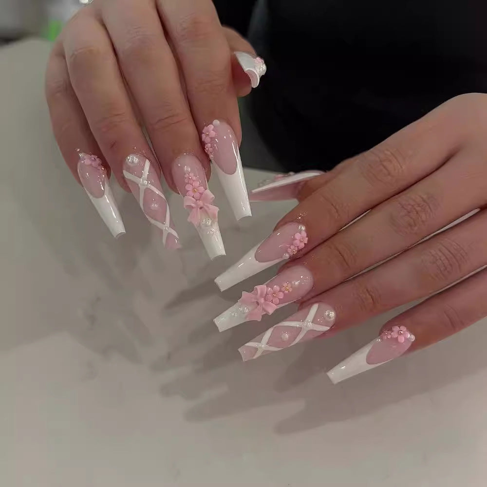Artful and Elegant Stiletto Artificial Nails with Floral Design Stornfield