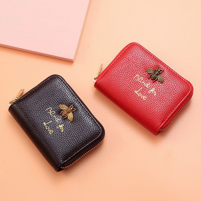 Designer Bee-Embellished Leather Zip-around Wallet Stornfield