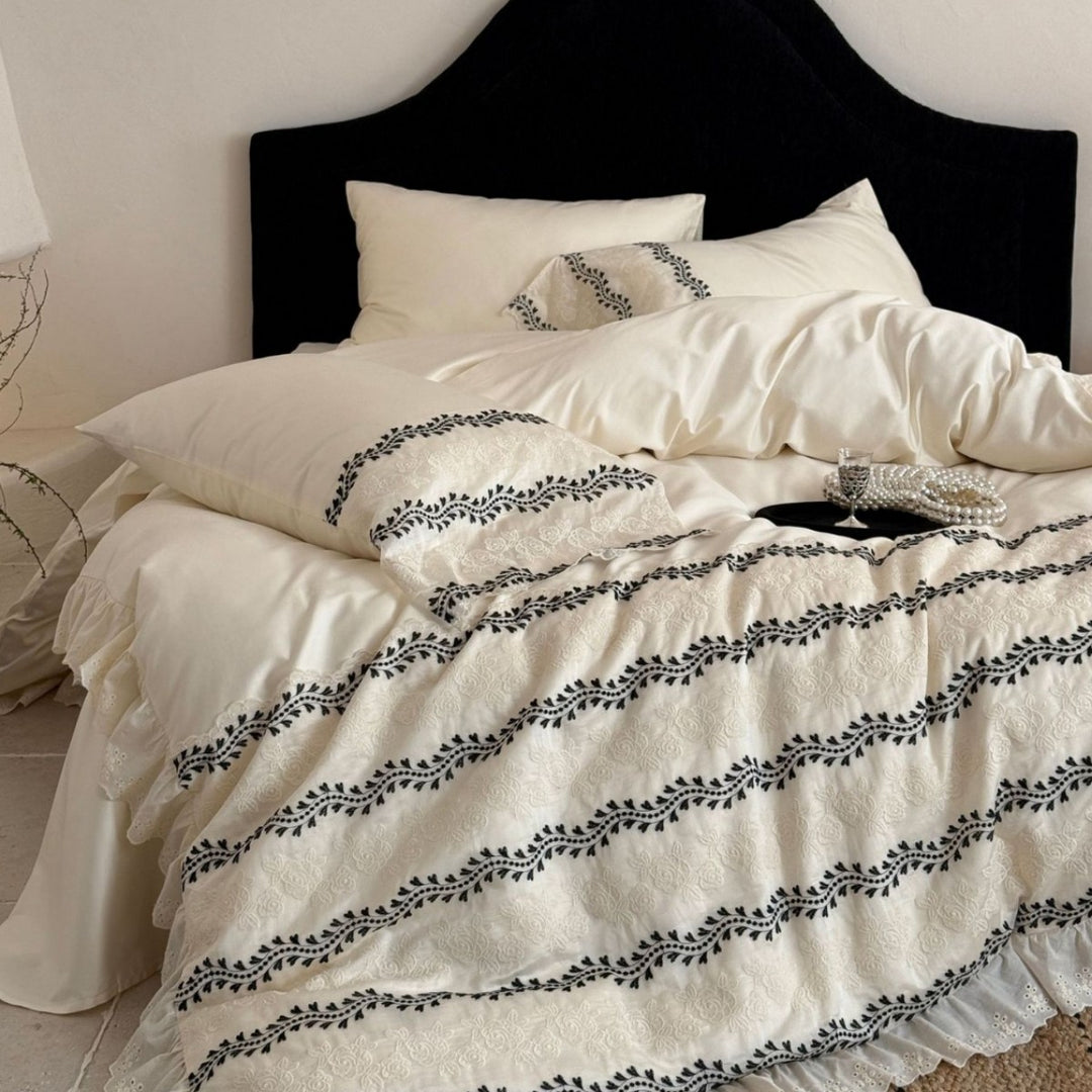 Embroidered Cotton Ruffled Duvet Cover Set with Eyelet Lace and Vine Stripe Motif