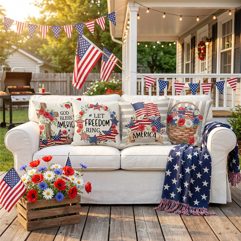 Patriotic Decorative Throw Pillow Cover with American Flag Stars and Floral Banner