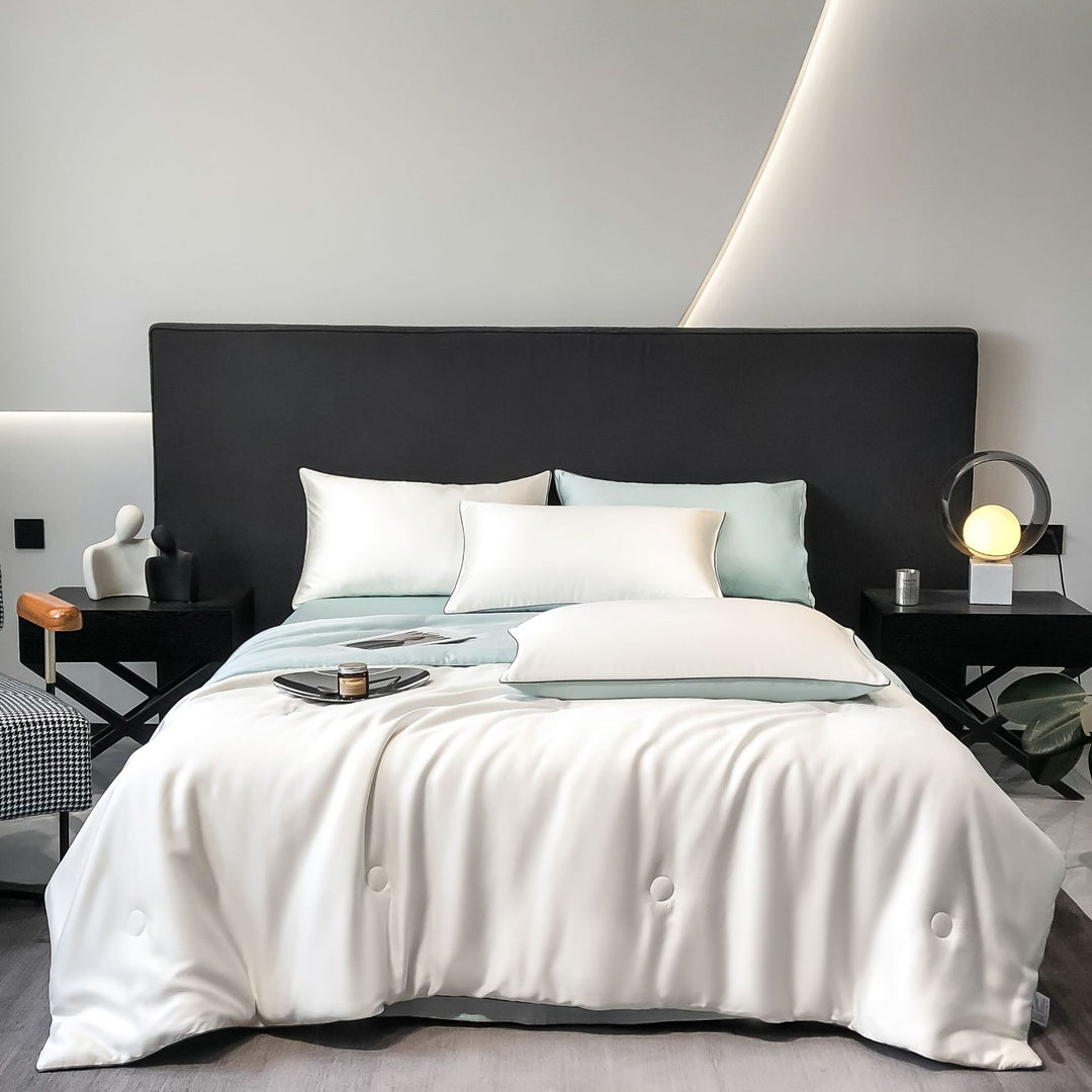 Silk cotton satin bedding cover with quilted comfort edge and pillowcases