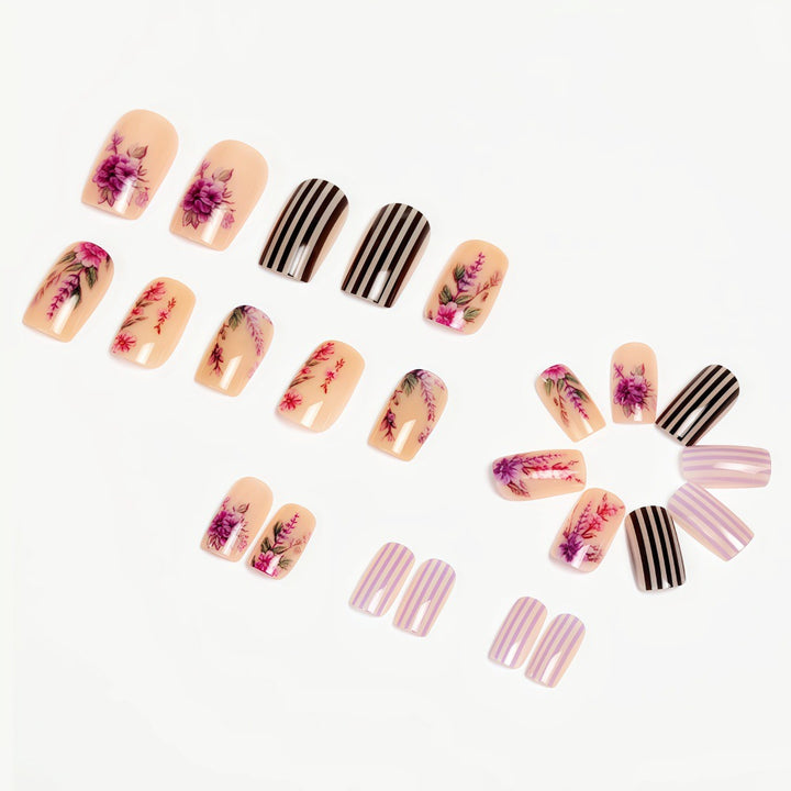 Artificial nails with floral and striped designs Stornfield