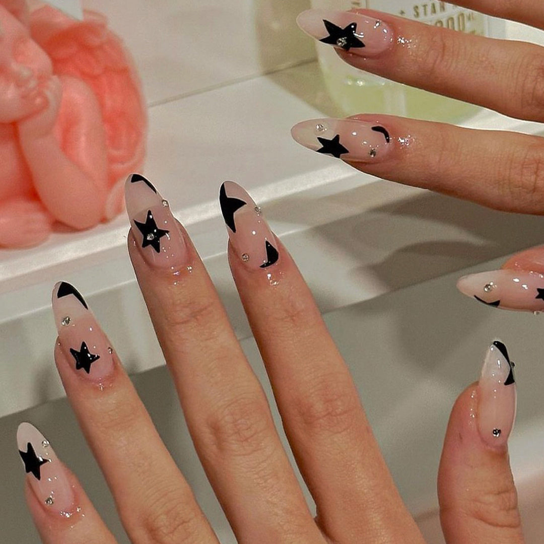 Acrylic nail set with glamorous star designs and elegant lace designs Stornfield