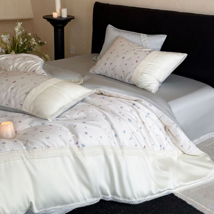 Finest cotton satin bedding set with delicate floral embroidery and lace border Stornfield