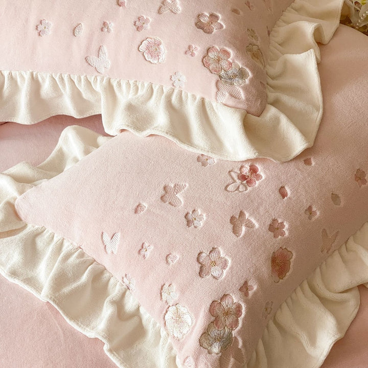 Soft Brushed Cotton Floral Embroidered Ruffled Duvet Cover & Sham Set