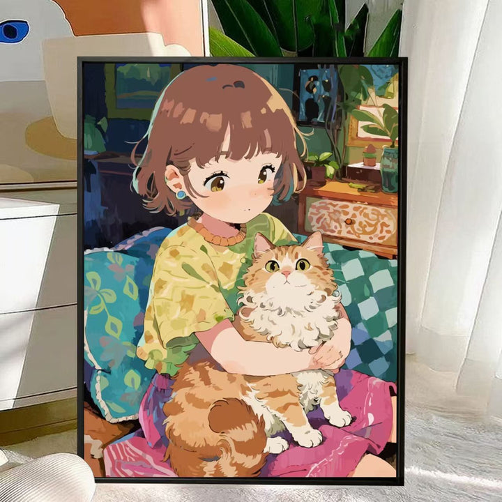 Cute Cat and Child Illustration Wall Art Stornfield