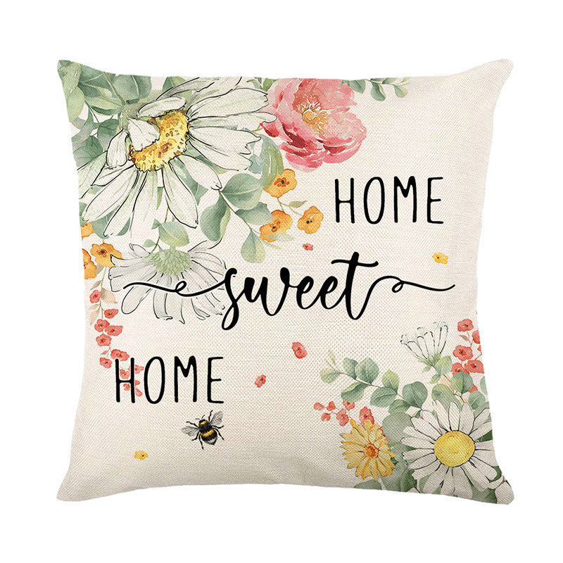 Square Cotton-Linen Throw Pillow Cover with Watercolor Daisies Bee Illustration & 'Home Sweet Home' Script